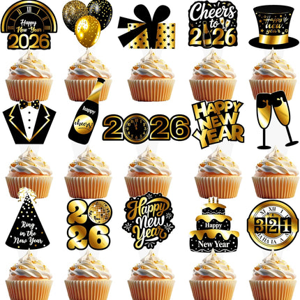 48 PCS 2026 Happy New Year Cupcake Toppers NYE Party Cake Decorations