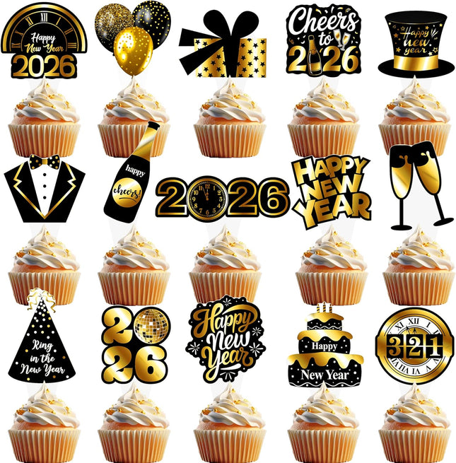 48 PCS 2026 Happy New Year Cupcake Toppers NYE Party Cake Decorations