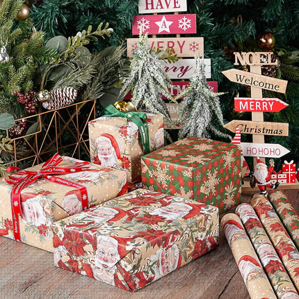 Christmas Kraft Wrapping Paper Set, 4 Rolls, Vintage Designs, 30"x10ft Each