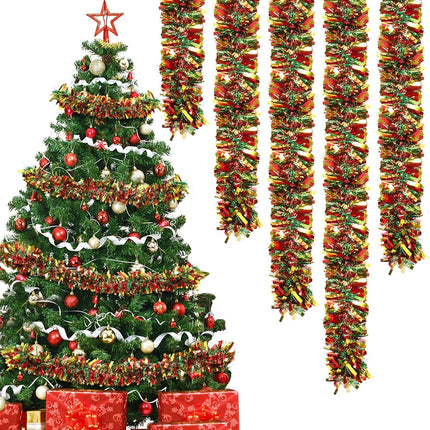 6 Pcs 39.4ft Christmas Tinsel Garland – Red, Green & Gold Metallic Decor