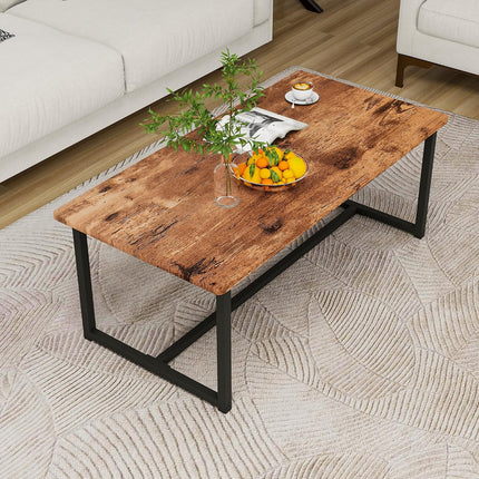 Rectangular Coffee Table Black Metal Frame Rustic Brown Wood Top for Living Room