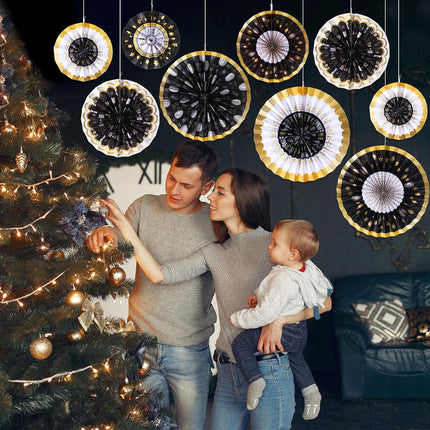 Happy New Year 2026 Paper Fans – 9-Pc Black & Gold Party Hanging Decor