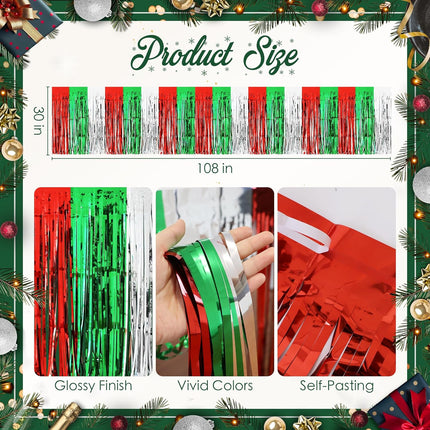 2PCS Christmas Table Skirts – 29x108" Red, Silver & Green Metallic Foil Tinsel Fringe