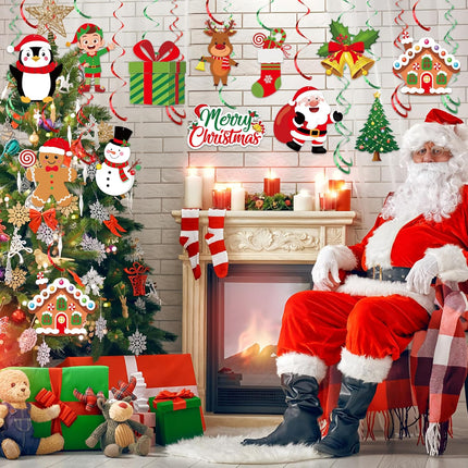 30PCS Christmas Hanging Swirls, Pre-Strung Streamers with Santa & Gingerbread Man