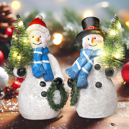 Christmas Snowmen Duo with Lighted Tree Wreath – Resin Figurines, Indoor Use