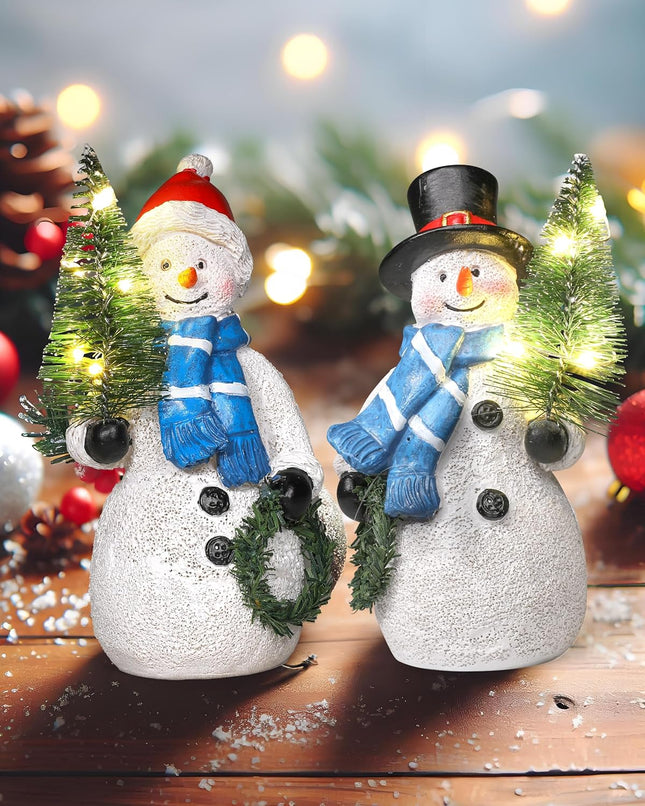 Christmas Snowmen Duo with Lighted Tree Wreath – Resin Figurines, Indoor Use