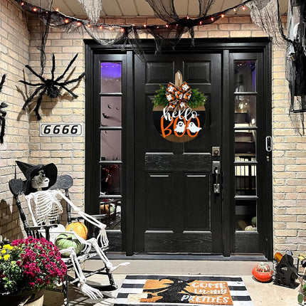 Halloween Ghost Wreath, Wooden Door Sign Hanger for Front Door Halloween Decor