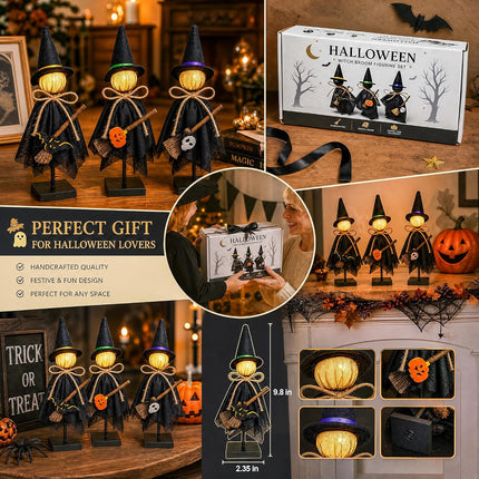 3-Piece Lighted Halloween Witch Figurines, Wooden Stand, 3 Modes Table Decor