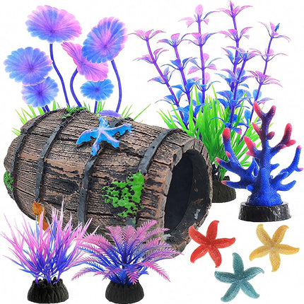 9 Piece Betta Fish Tank Decorations Set Resin Aquarium Plants Barrel Starter Kit