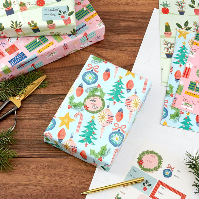 12PCS Cute Christmas Wrapping Paper Sheets – Pink & Mint with Gift Tags