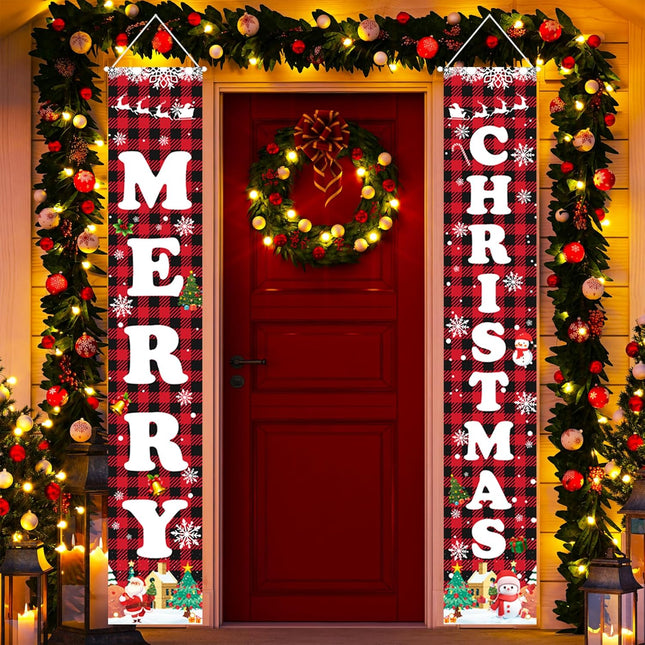Christmas Welcome Banner Red & Black Buffalo Plaid Porch Door Sign