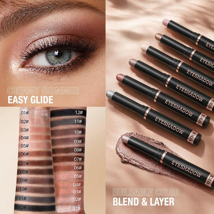 12-Color Shimmer Eyeshadow Stick Set, Waterproof Cream Eye Shadow Pens, Long-Lasting