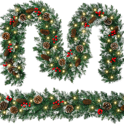 9ft Lighted Christmas Garland – 50 LEDs, Pine Cones, Red Berries, 8 Modes