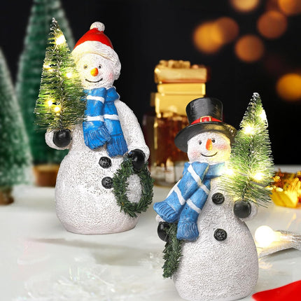 Snowman Figurines with Lighted Tree & Wreath – 5" Holiday Decorations, 2PCS