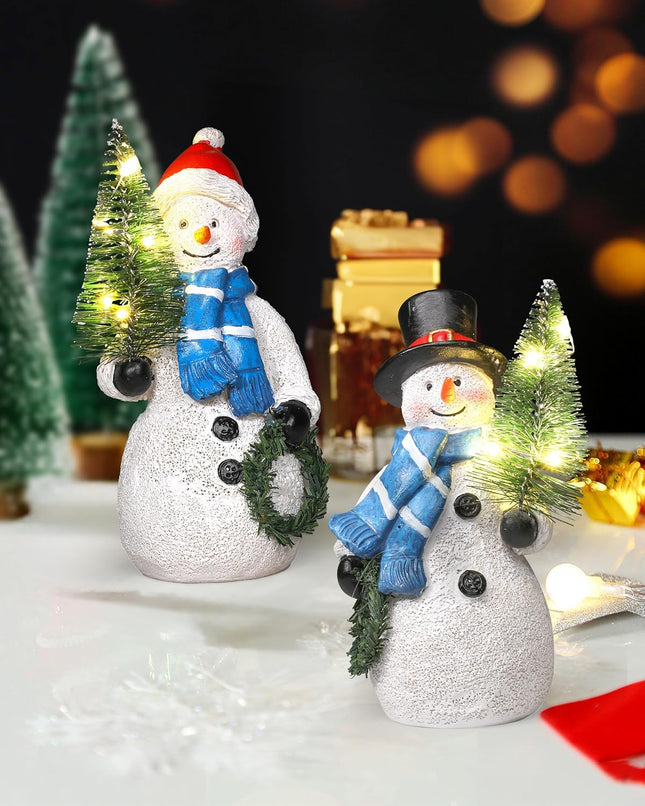 Snowman Figurines with Lighted Tree & Wreath – 5" Holiday Decorations, 2PCS