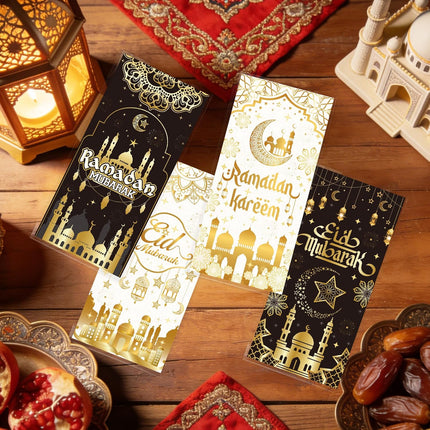 100PCS Eid Mubarak Treat Bags Black Gold Castle Moon Star with Twist Ties