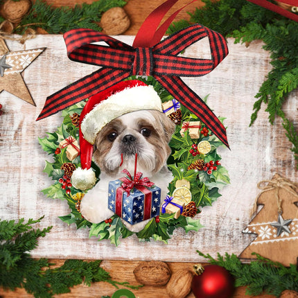 Shih Tzu Christmas Hat Wreath – Cute Dog Lover Wooden Ornament Décor