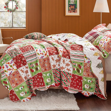 Christmas Quilt for Queen Bed Red Patchwork Printed Coverlet, Lightweight Soft
