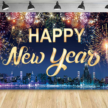 Happy New Year Fabric Banner Backdrop with Fireworks Photo Booth Decor
