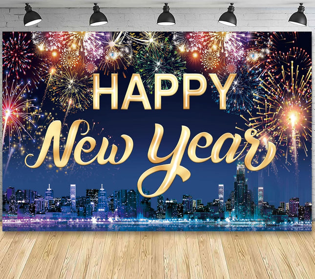 Happy New Year Fabric Banner Backdrop with Fireworks Photo Booth Decor