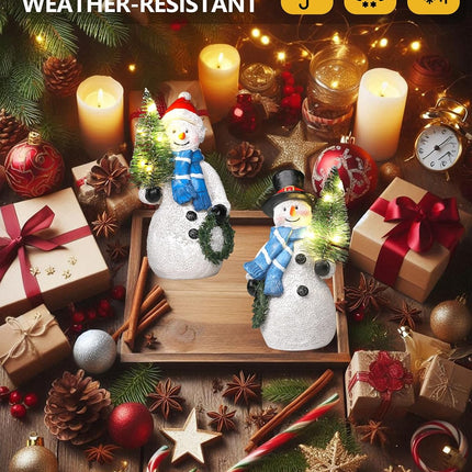 Christmas Snowmen Duo with Lighted Tree Wreath – Resin Figurines, Indoor Use