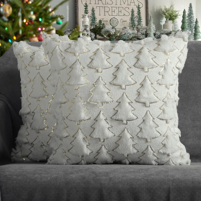 Christmas Tree Throw Pillow Covers 18x18, White Faux Fur Set of 2
