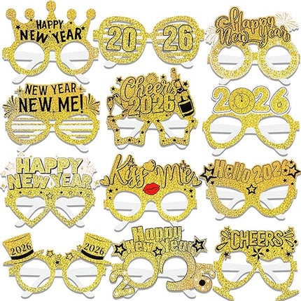 24-Piece Gold Happy New Year Glasses – Laser Photo Booth Party Props 2026