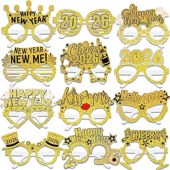 24-Piece Gold Happy New Year Glasses – Laser Photo Booth Party Props 2026