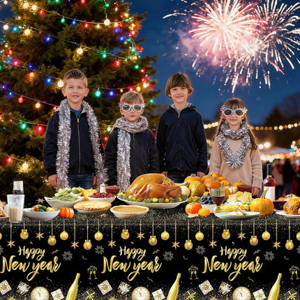 2 Pcs Happy New Year 2026 Tablecloth Black Gold Disposable Party Decor