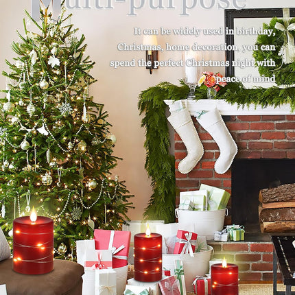 3 Pack Red Flameless Pillar Candles with Remote, Timer & String Lights