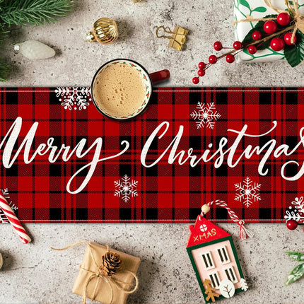 Christmas Table Runner, Red with Buffalo Plaid & Snowman Design for Festive Dining