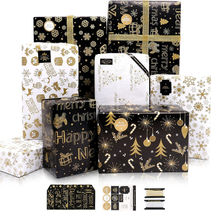 6 Sheets Christmas Wrapping Paper – Black & Gold Snowflake Elk Gift Set
