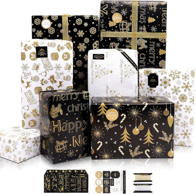 6 Sheets Christmas Wrapping Paper – Black & Gold Snowflake Elk Gift Set