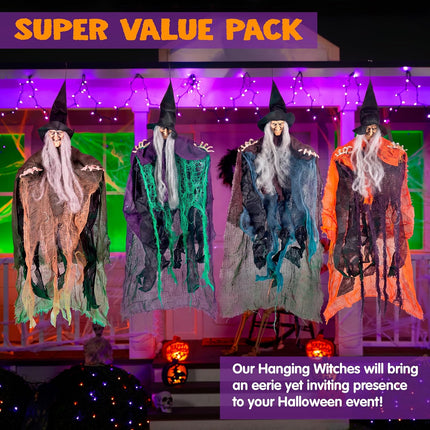 4-Piece 19.6in Hanging Witch Halloween Decorations, Flying Haunted House Yard Decor
