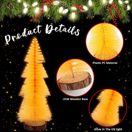 4pcs Mini Christmas Trees – Fluorescent Bottle Brush Trees with Wooden Base for Decor