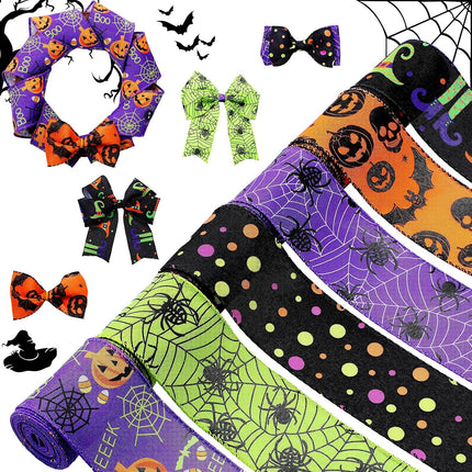6-Roll Halloween Wired Ribbon, 30 Yards, 2.5in Witch Hat Bat Pumpkin Skull Print