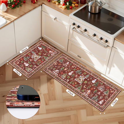 2-Piece Non-Slip Christmas Rug Set, Red Vintage Runners for Kitchen or Office
