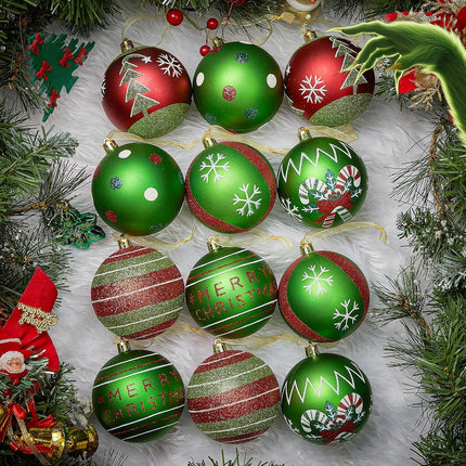 12-Piece 3.15-Inch Christmas Tree Ornaments, Glittering Red & Green Elf and Peppermint Balls
