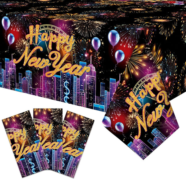 3-Pack NYE Party Table Covers – 54×108in Happy New Year Fireworks