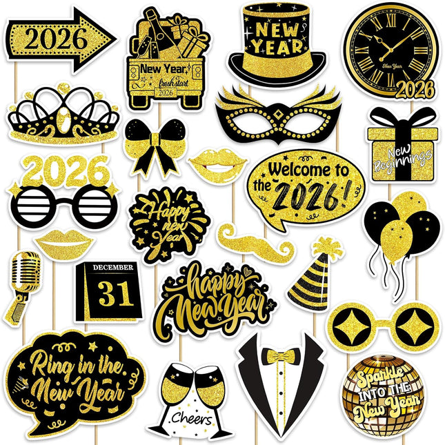 24-Piece 2026 NYE Photo Booth Props – Black & Gold Party Favor Set