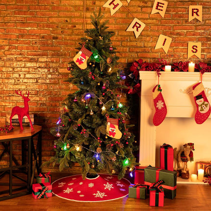 30" Red Burlap Christmas Tree Skirt – Rustic Snowflake Print Holiday Decor