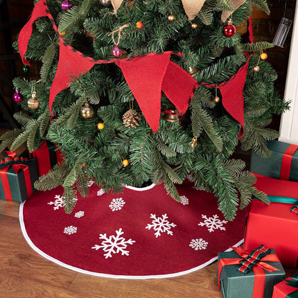 30" Red Burlap Christmas Tree Skirt – Rustic Snowflake Print Holiday Decor