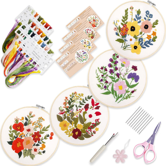 4 Sets Embroidery Kit Beginners, Floral Needlepoint Crafts with Bamboo Hoops and Threads