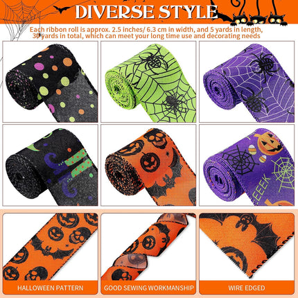 6-Roll Halloween Wired Ribbon, 30 Yards, 2.5in Witch Hat Bat Pumpkin Skull Print