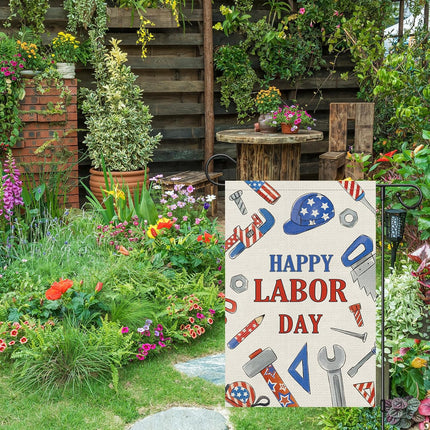 Happy Labor Day Garden Flag 12x18 Double Sided Burlap Tools USA Flag Only