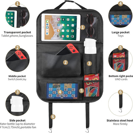 Car Backseat Organizer with Tablet Holder, Foldable Tray & Storage Pockets