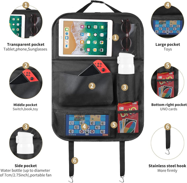 Car Backseat Organizer with Tablet Holder, Foldable Tray & Storage Pockets