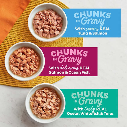 12-Pack Wet Cat Food Variety – Seafood Chunks in Gravy, 2.75 oz Cups