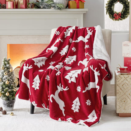Christmas Couch Throw Blanket Red Sherpa Deer, 50"x60", Gift for Women