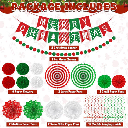 28PCS Christmas Decorations Set – Banner, Paper Fans, Garland & Swirls